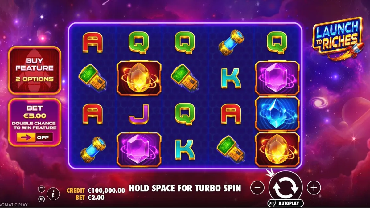 หน้าจอเกมสล็อต Launch to Riches ที่มีธีมอวกาศและจรวด