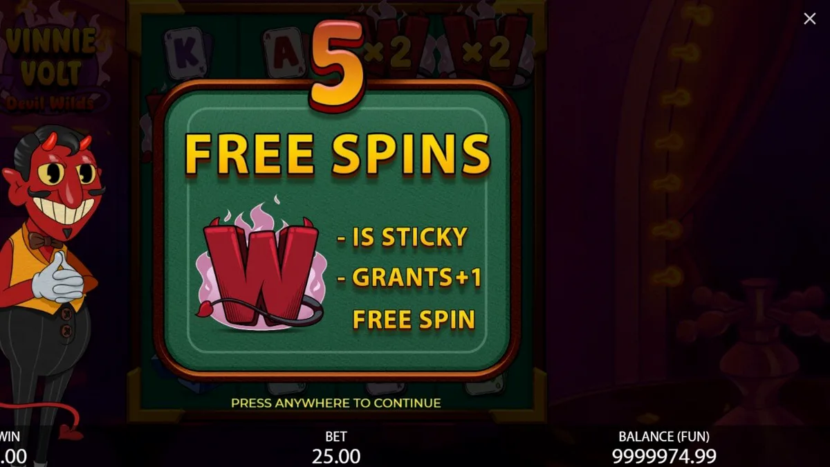 Vinnie Volt: Devil Wilds slot machine interface featuring the dapper devil character